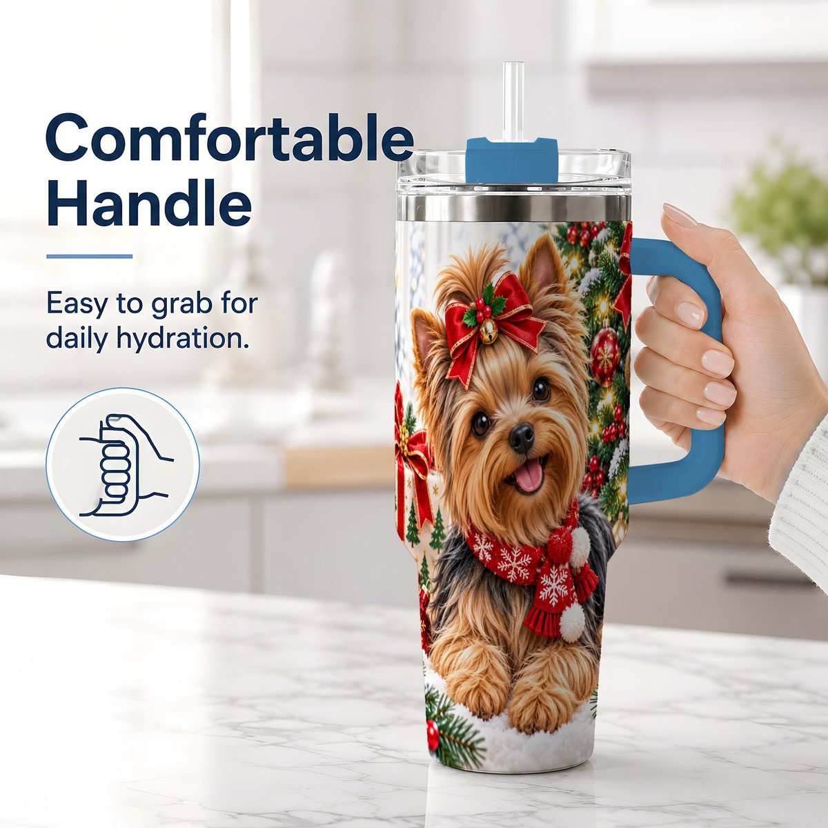 #pl[40oz|Blue] Christmas Yorkie Tumbler 40oz, Red Bow Artwork