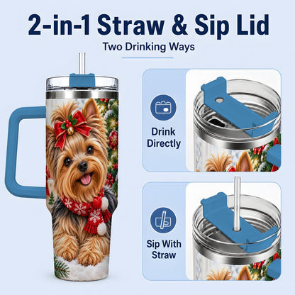#pl[40oz|Blue] Christmas Yorkie Tumbler 40oz, Red Bow Artwork