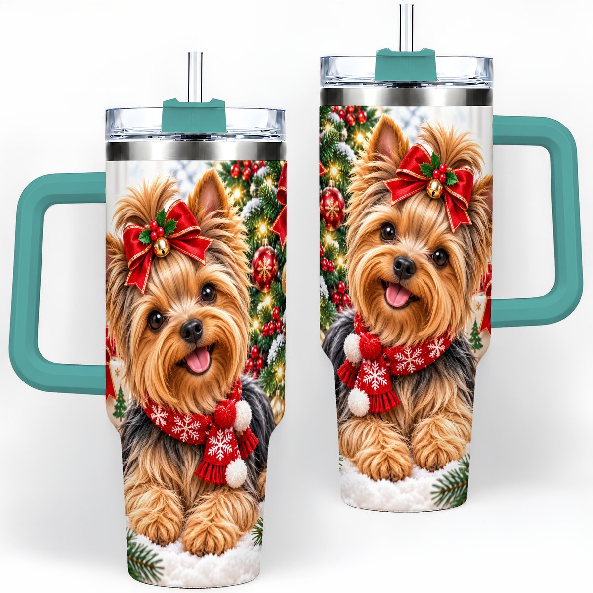 #pl[40oz|Green] Christmas Yorkie Tumbler 40oz, Red Bow Artwork