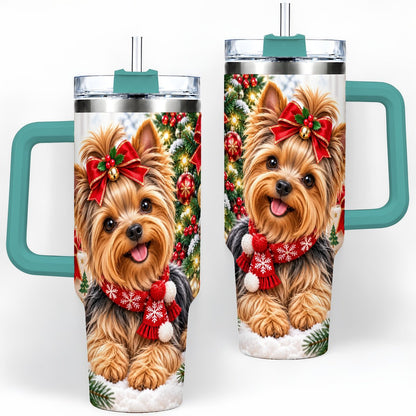#pl[40oz|Green] Christmas Yorkie Tumbler 40oz, Red Bow Artwork