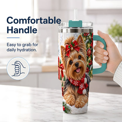 #pl[40oz|Green] Christmas Yorkie Tumbler 40oz, Red Bow Artwork