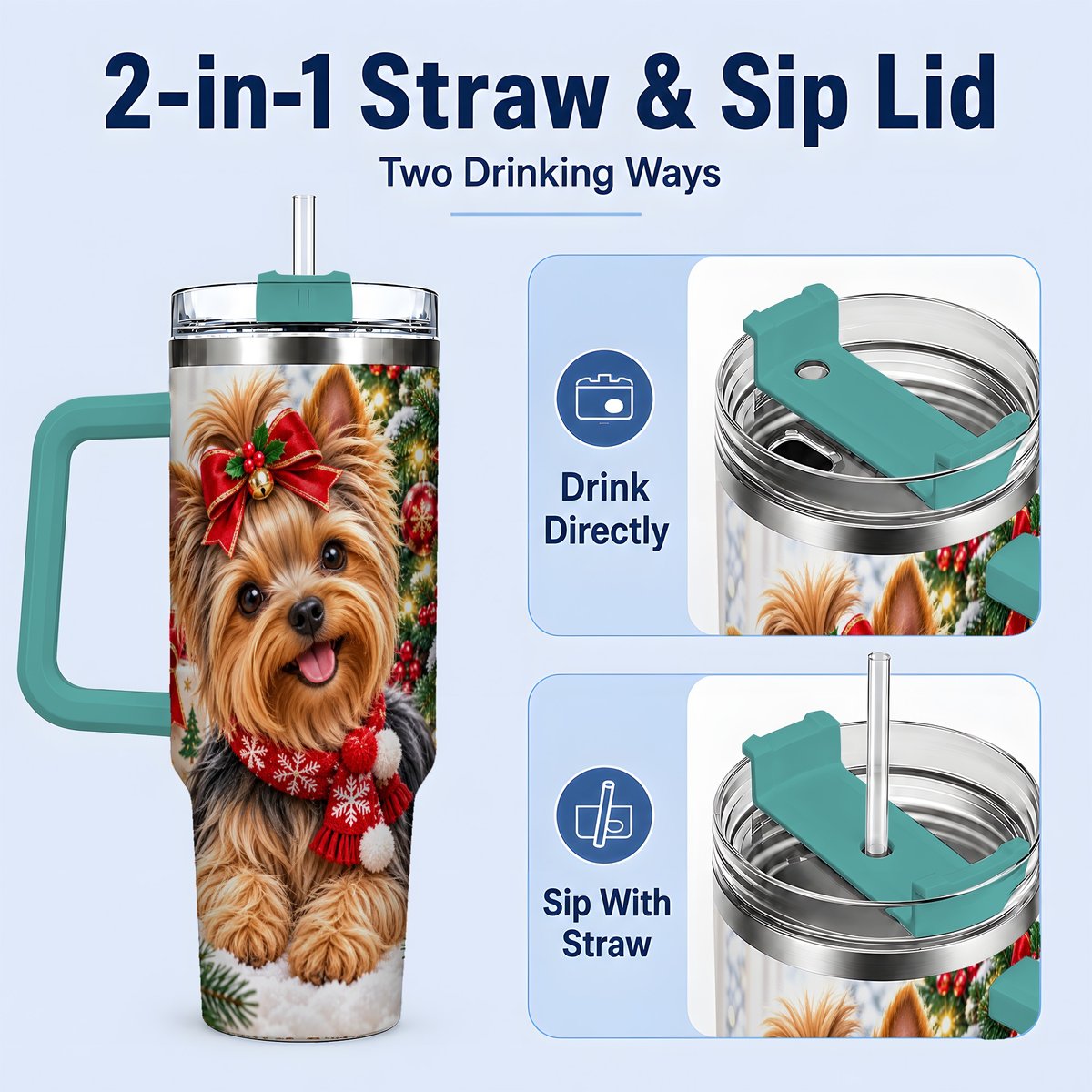 #pl[40oz|Green] Christmas Yorkie Tumbler 40oz, Red Bow Artwork