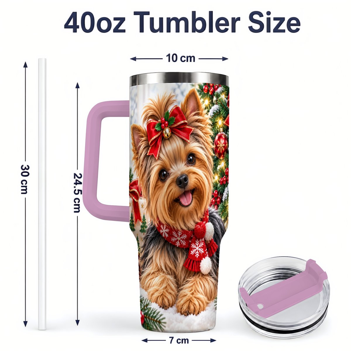 #pl[40oz|Pink] Christmas Yorkie Tumbler 40oz, Red Bow Artwork