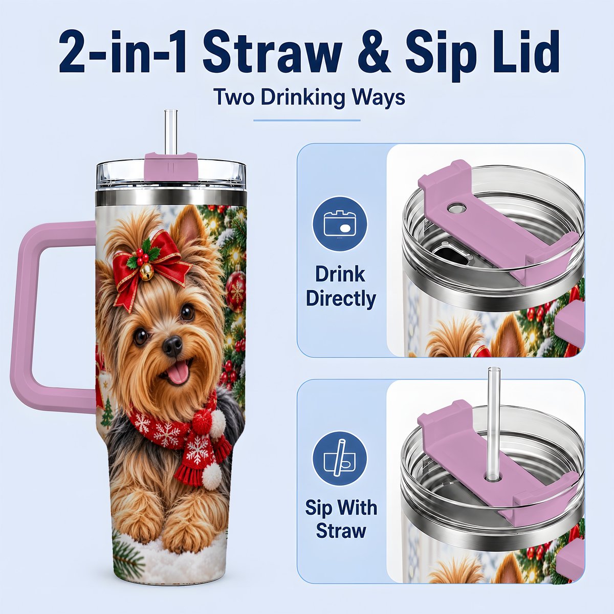 #pl[40oz|Pink] Christmas Yorkie Tumbler 40oz, Red Bow Artwork