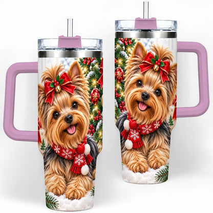 #pl[40oz|Pink] Christmas Yorkie Tumbler 40oz, Red Bow Artwork