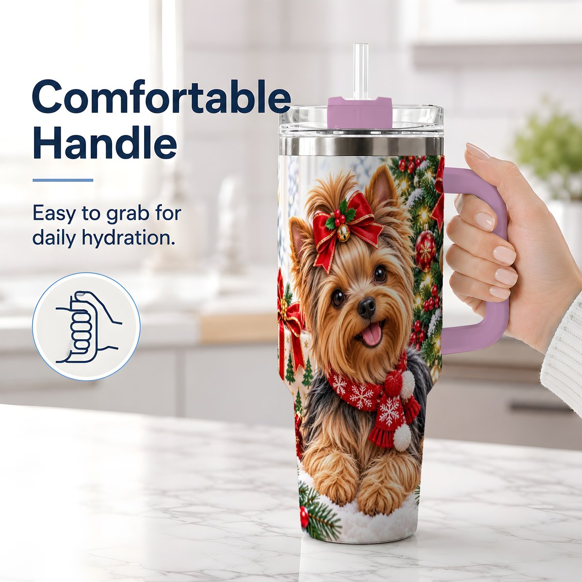 #pl[40oz|Pink] Christmas Yorkie Tumbler 40oz, Red Bow Artwork