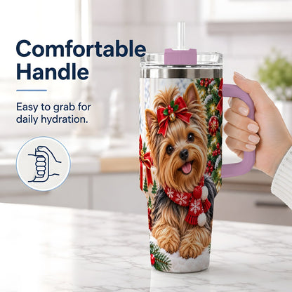 #pl[40oz|Pink] Christmas Yorkie Tumbler 40oz, Red Bow Artwork