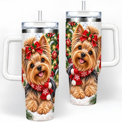 Christmas Yorkie Tumbler 40oz, Red Bow Artwork