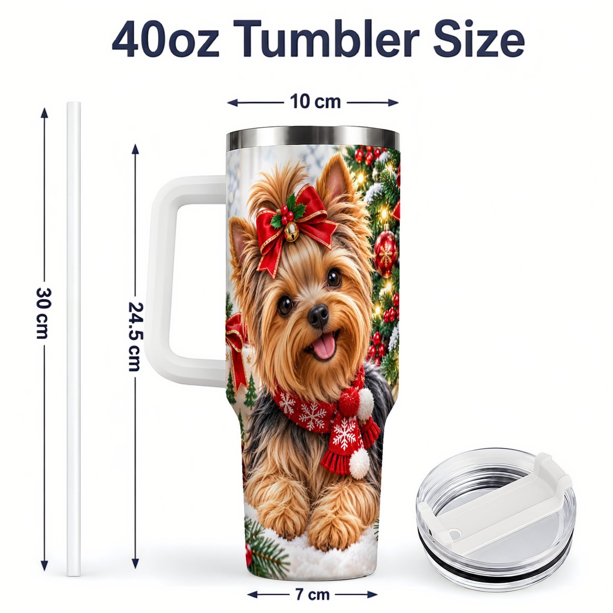 #pl[40oz|White] Christmas Yorkie Tumbler 40oz, Red Bow Artwork