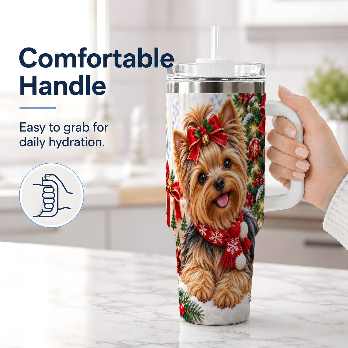 #pl[40oz|White] Christmas Yorkie Tumbler 40oz, Red Bow Artwork