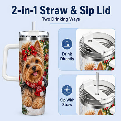 #pl[40oz|White] Christmas Yorkie Tumbler 40oz, Red Bow Artwork