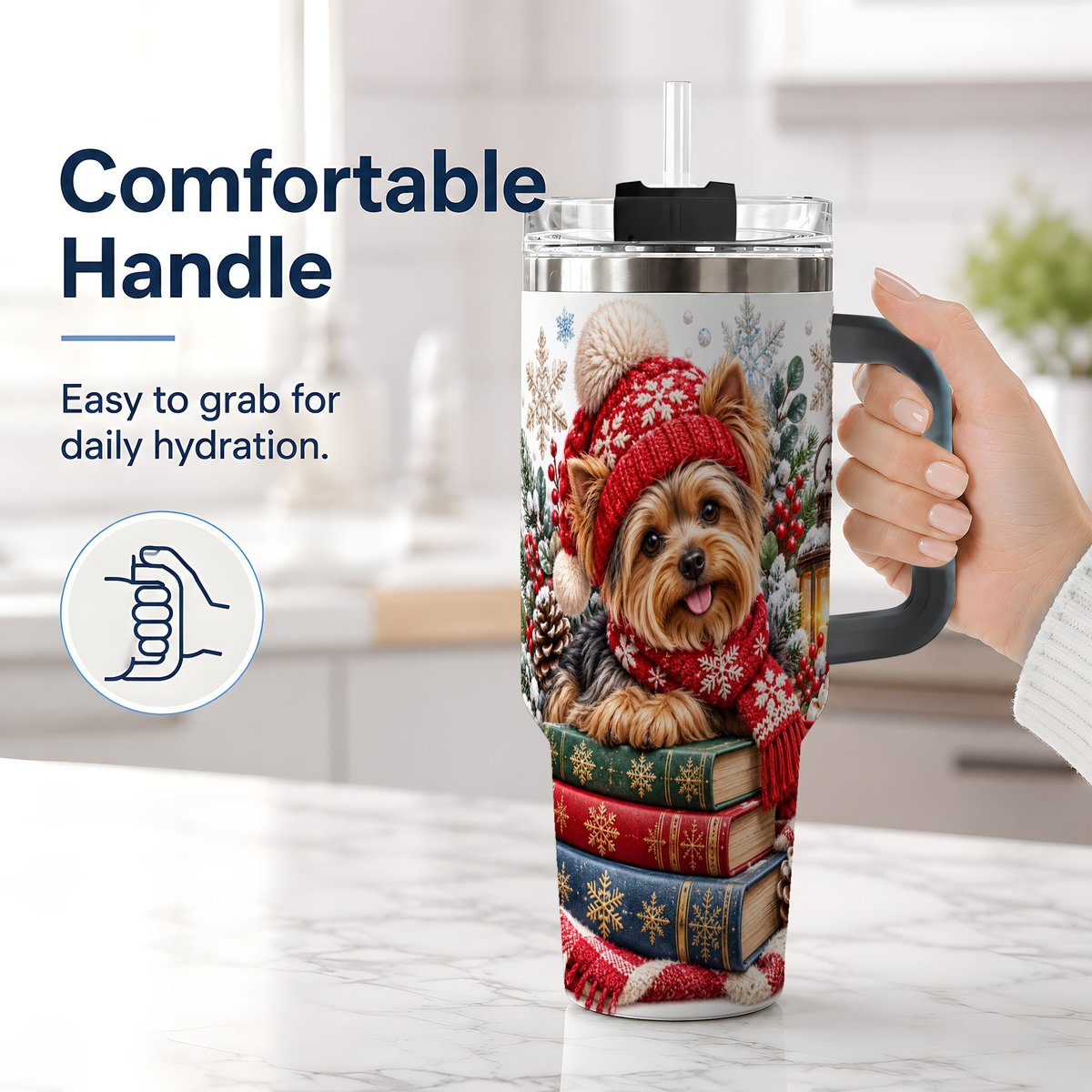 #pl[40oz|Black] Winter Yorkie Tumbler 40oz, Cozy Reading Artwork