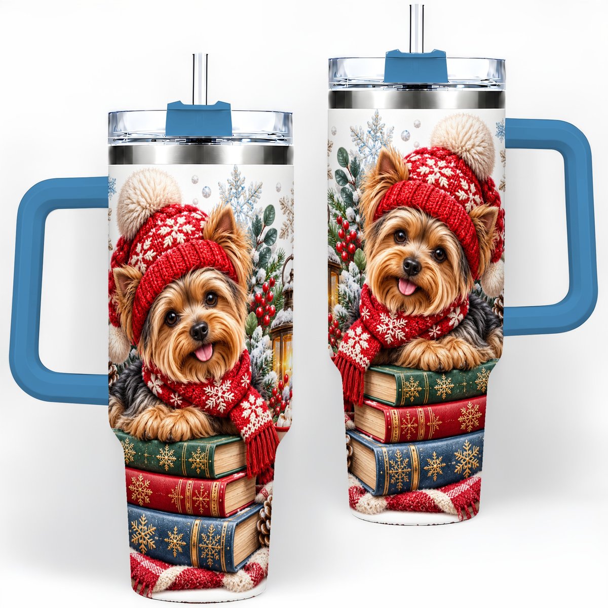 #pl[40oz|Blue] Winter Yorkie Tumbler 40oz, Cozy Reading Artwork