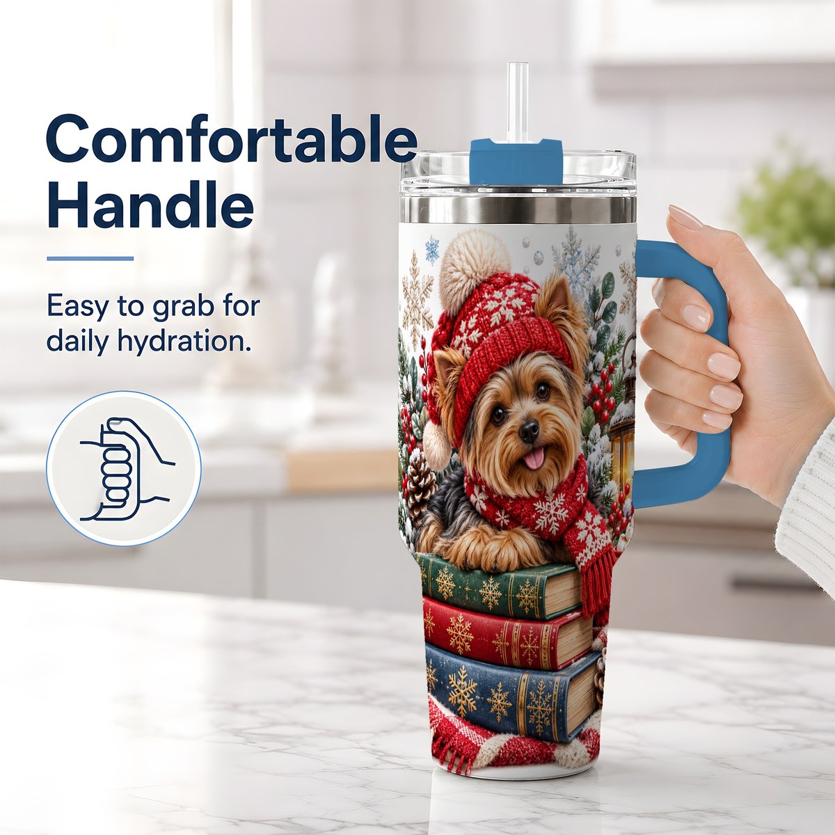 #pl[40oz|Blue] Winter Yorkie Tumbler 40oz, Cozy Reading Artwork
