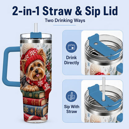 #pl[40oz|Blue] Winter Yorkie Tumbler 40oz, Cozy Reading Artwork