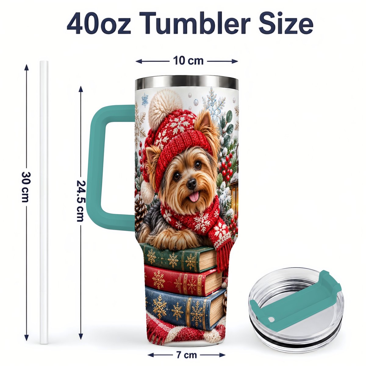 #pl[40oz|Green] Winter Yorkie Tumbler 40oz, Cozy Reading Artwork