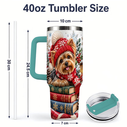 #pl[40oz|Green] Winter Yorkie Tumbler 40oz, Cozy Reading Artwork