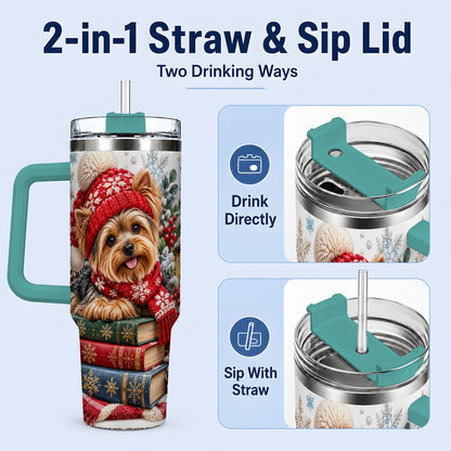 #pl[40oz|Green] Winter Yorkie Tumbler 40oz, Cozy Reading Artwork