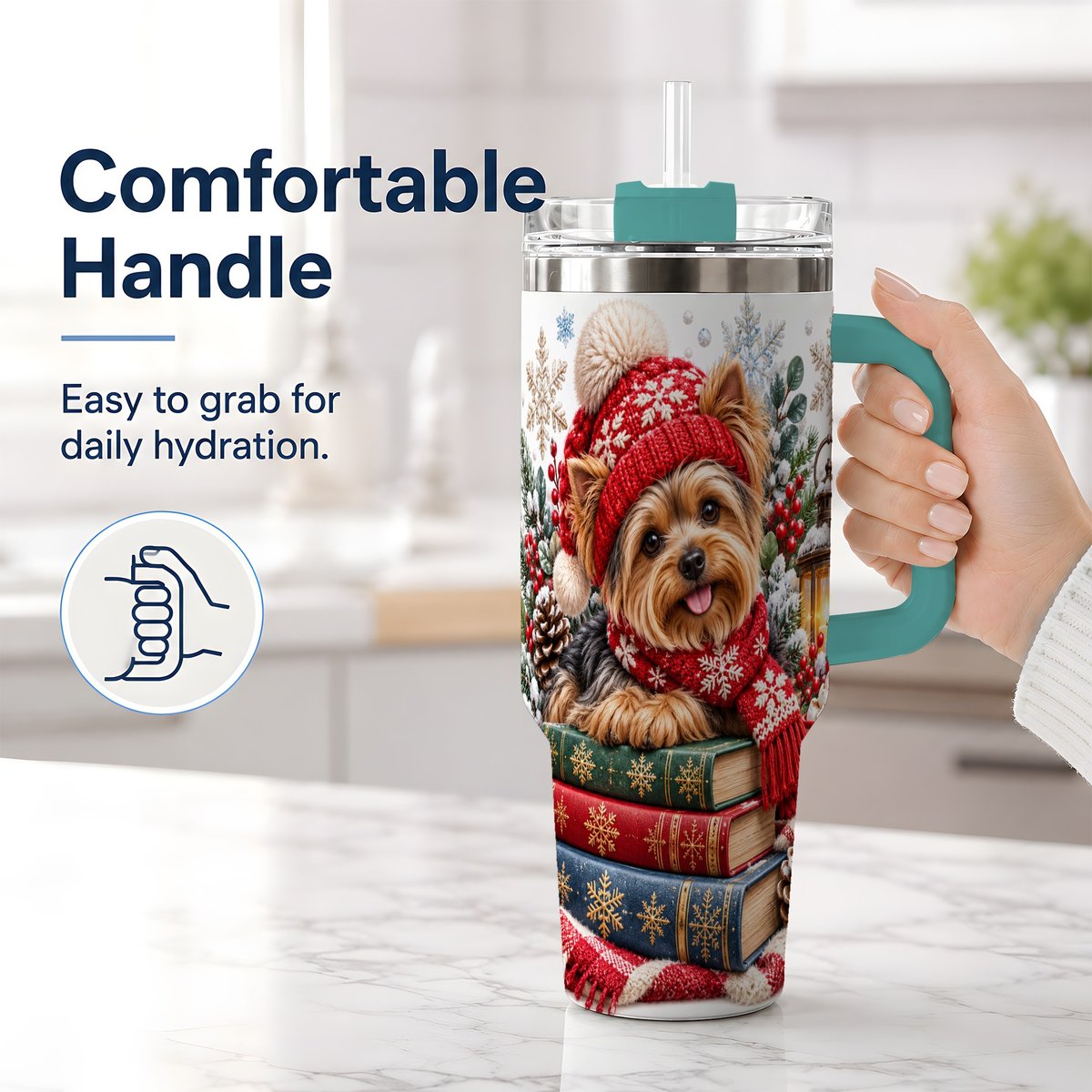 #pl[40oz|Green] Winter Yorkie Tumbler 40oz, Cozy Reading Artwork