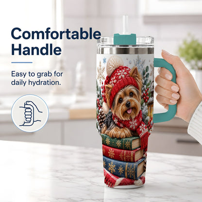 #pl[40oz|Green] Winter Yorkie Tumbler 40oz, Cozy Reading Artwork