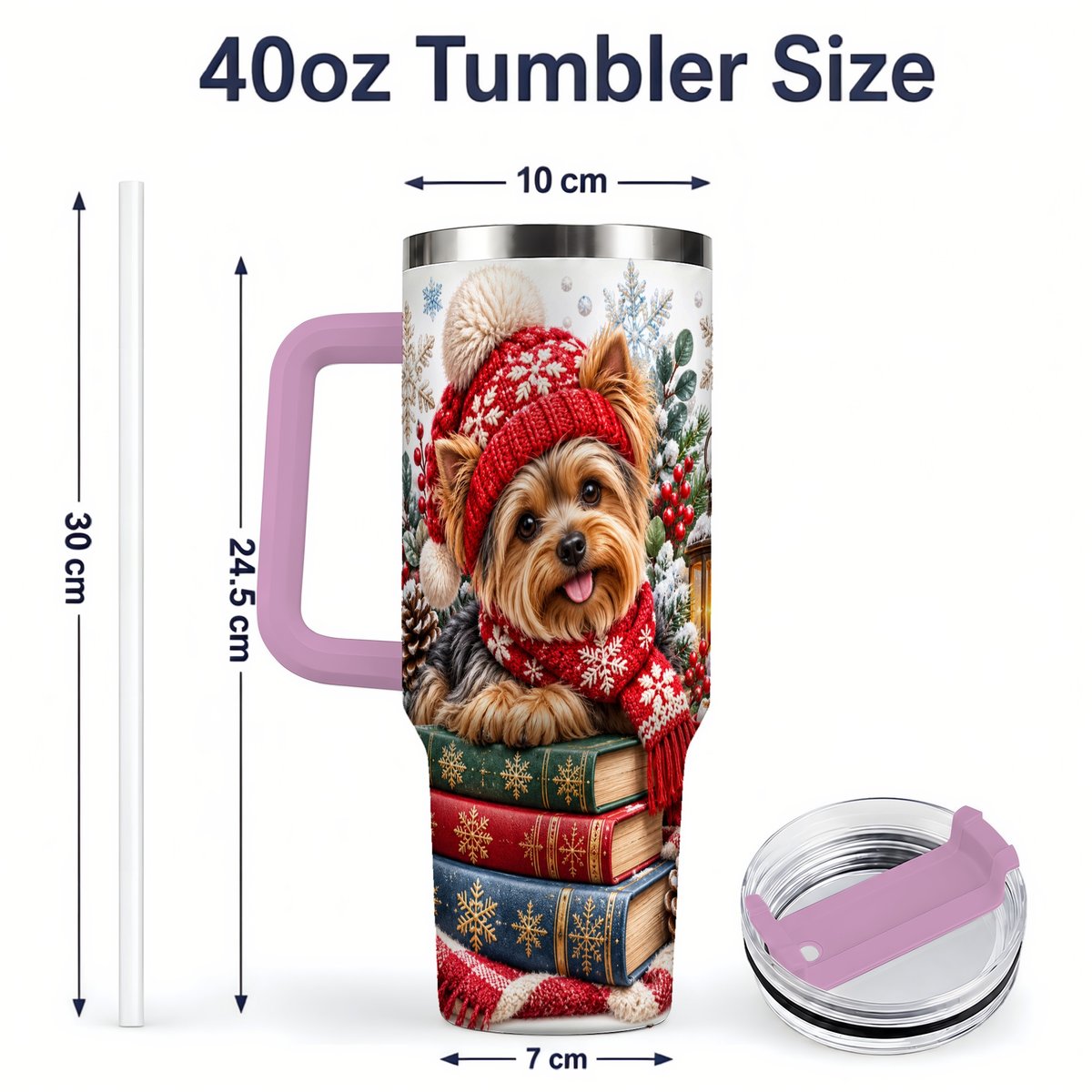 #pl[40oz|Pink] Winter Yorkie Tumbler 40oz, Cozy Reading Artwork