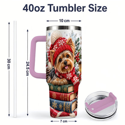 #pl[40oz|Pink] Winter Yorkie Tumbler 40oz, Cozy Reading Artwork