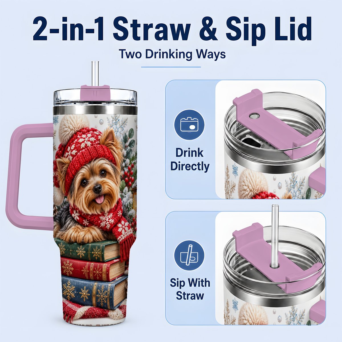 #pl[40oz|Pink] Winter Yorkie Tumbler 40oz, Cozy Reading Artwork