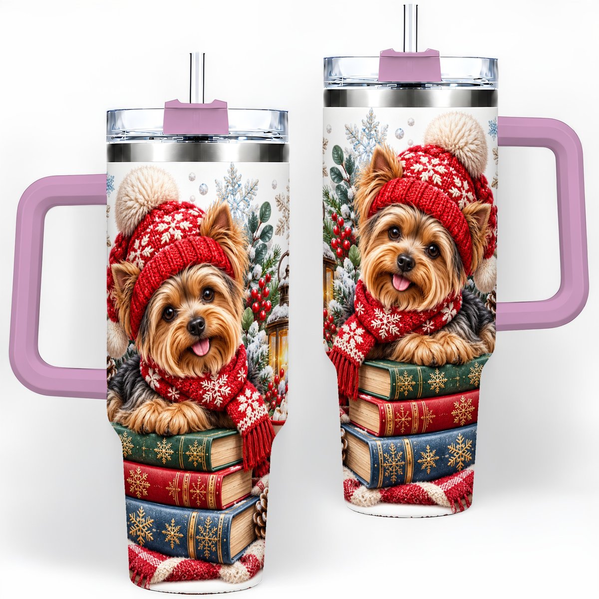 #pl[40oz|Pink] Winter Yorkie Tumbler 40oz, Cozy Reading Artwork