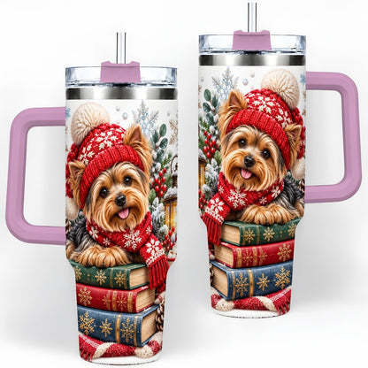 #pl[40oz|Pink] Winter Yorkie Tumbler 40oz, Cozy Reading Artwork