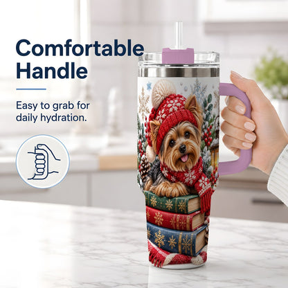 #pl[40oz|Pink] Winter Yorkie Tumbler 40oz, Cozy Reading Artwork