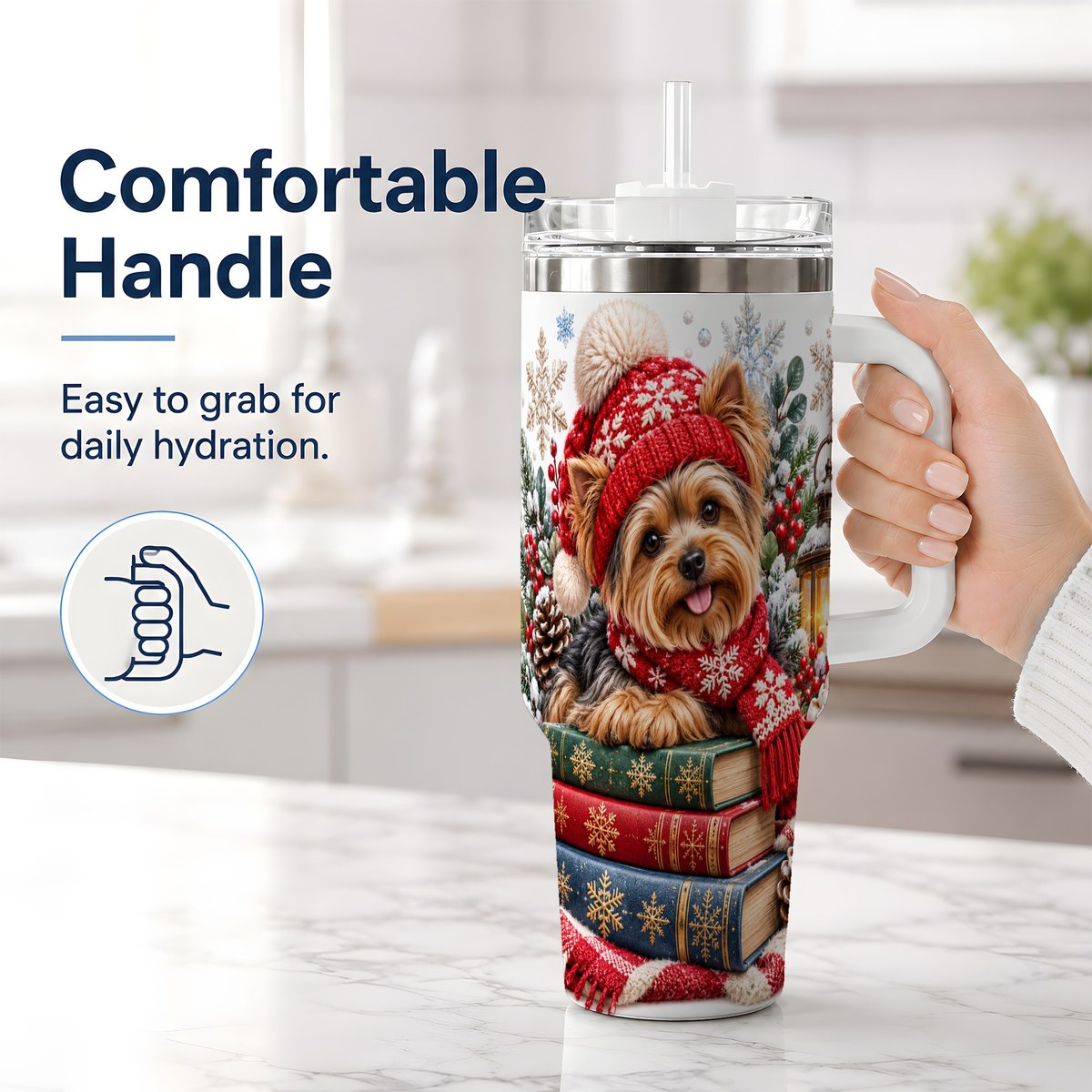 #pl[40oz|White] Winter Yorkie Tumbler 40oz, Cozy Reading Artwork