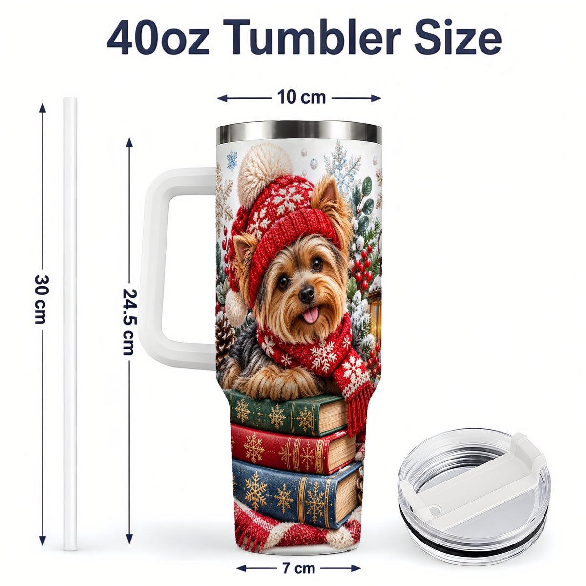 #pl[40oz|White] Winter Yorkie Tumbler 40oz, Cozy Reading Artwork