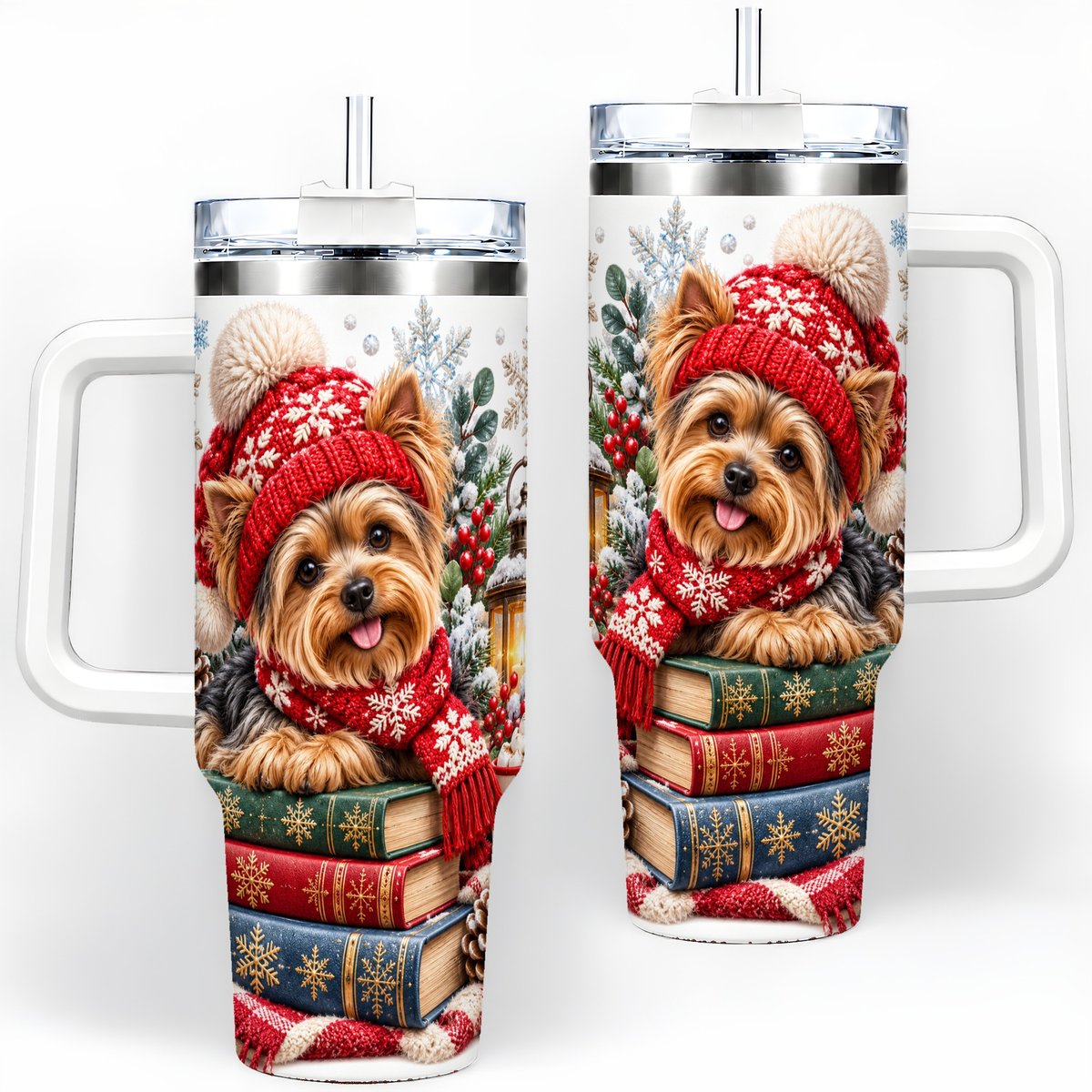 Winter Yorkie Tumbler 40oz, Cozy Reading Artwork