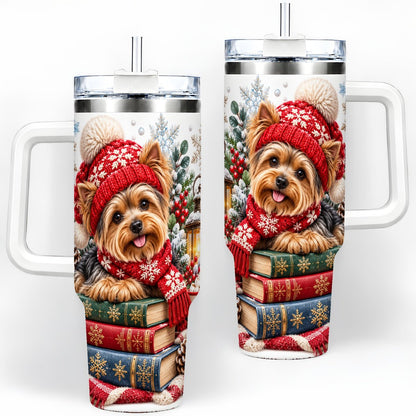 Winter Yorkie Tumbler 40oz, Cozy Reading Artwork