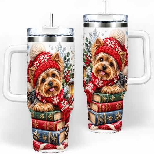 Winter Yorkie Tumbler 40oz, Cozy Reading Artwork