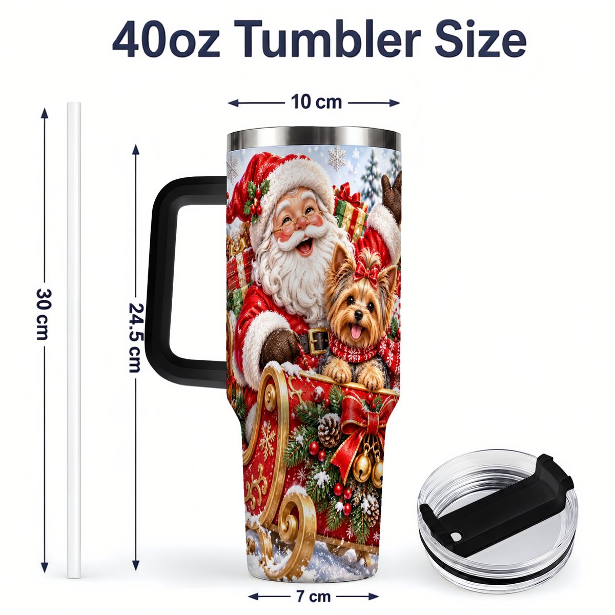 #pl[40oz|Black] Santa and Christmas Yorkie Tumbler 40oz, Sleigh Scene