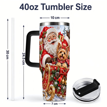 #pl[40oz|Black] Santa and Christmas Yorkie Tumbler 40oz, Sleigh Scene