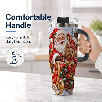 #pl[40oz|Black] Santa and Christmas Yorkie Tumbler 40oz, Sleigh Scene