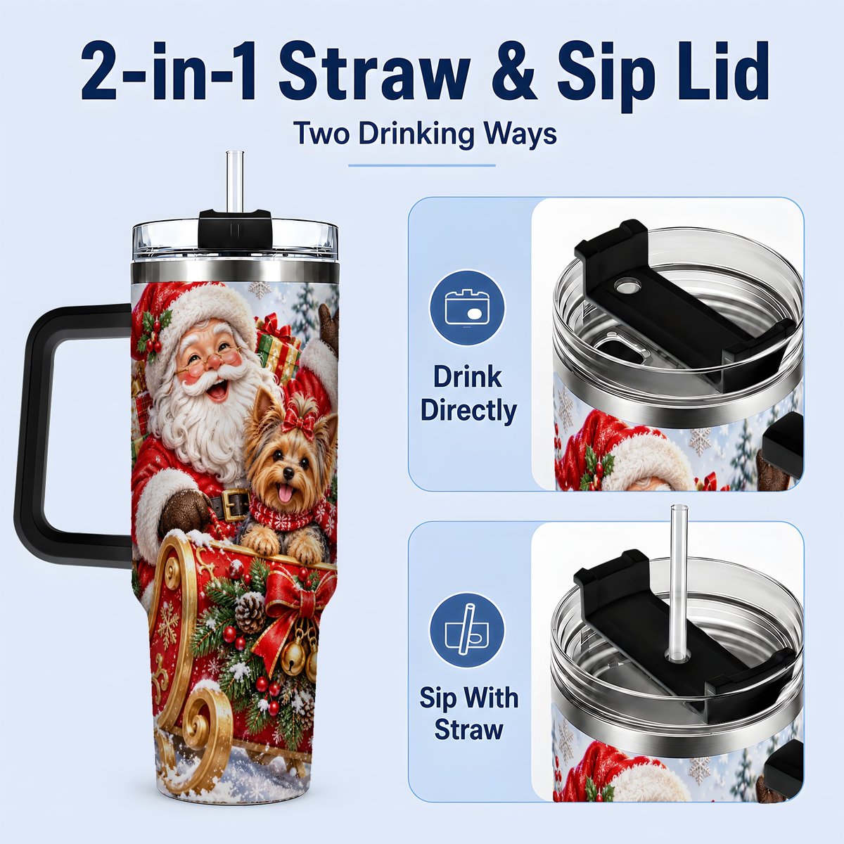 #pl[40oz|Black] Santa and Christmas Yorkie Tumbler 40oz, Sleigh Scene