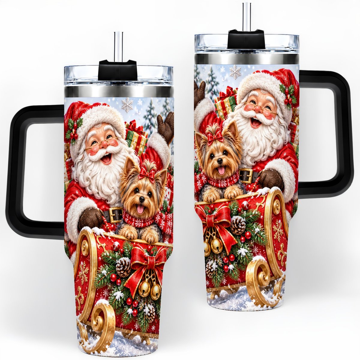 #pl[40oz|Black] Santa and Christmas Yorkie Tumbler 40oz, Sleigh Scene