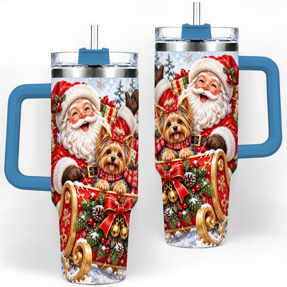 #pl[40oz|Blue] Santa and Christmas Yorkie Tumbler 40oz, Sleigh Scene