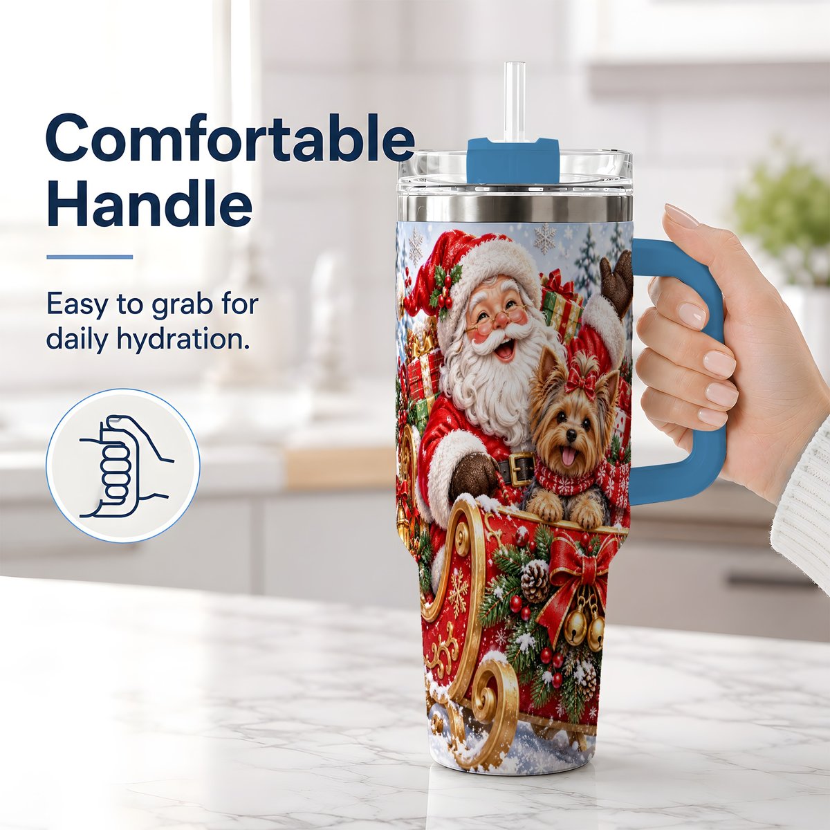 #pl[40oz|Blue] Santa and Christmas Yorkie Tumbler 40oz, Sleigh Scene