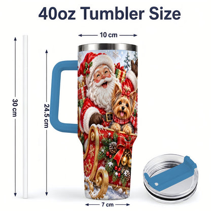 #pl[40oz|Blue] Santa and Christmas Yorkie Tumbler 40oz, Sleigh Scene