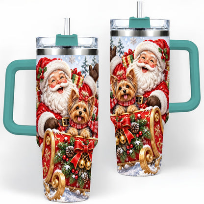 #pl[40oz|Green] Santa and Christmas Yorkie Tumbler 40oz, Sleigh Scene