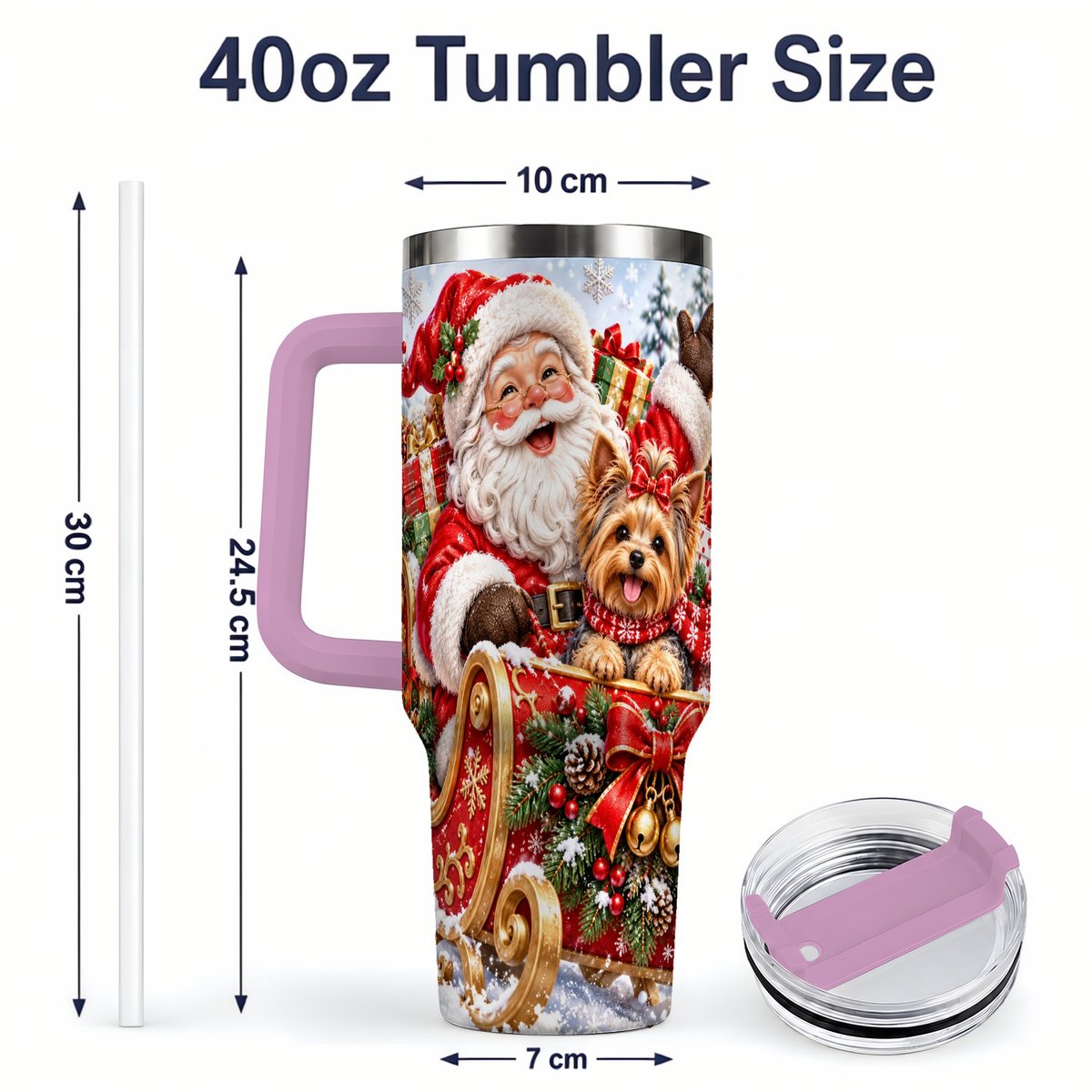 #pl[40oz|Pink] Santa and Christmas Yorkie Tumbler 40oz, Sleigh Scene
