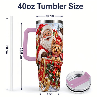 #pl[40oz|Pink] Santa and Christmas Yorkie Tumbler 40oz, Sleigh Scene