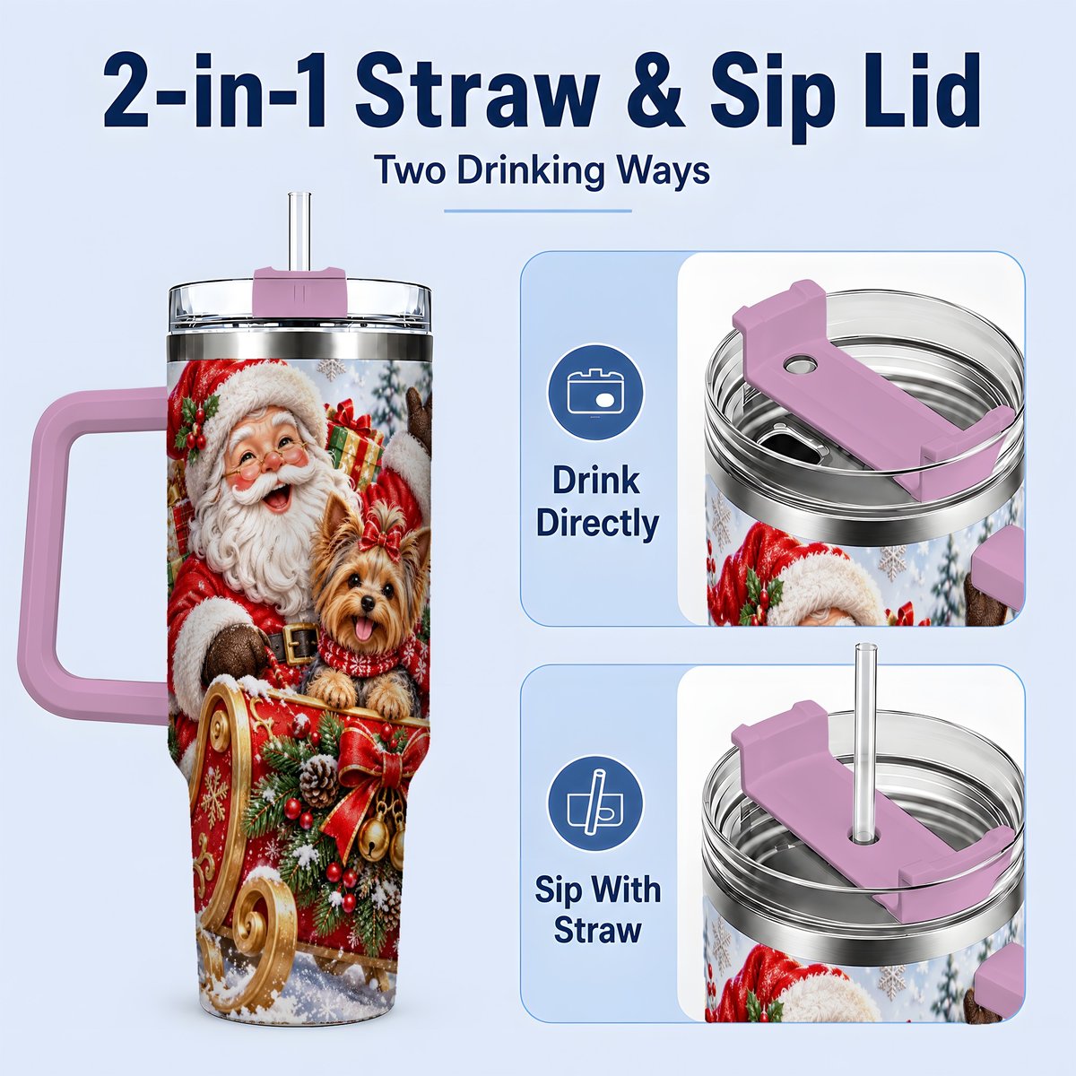 #pl[40oz|Pink] Santa and Christmas Yorkie Tumbler 40oz, Sleigh Scene
