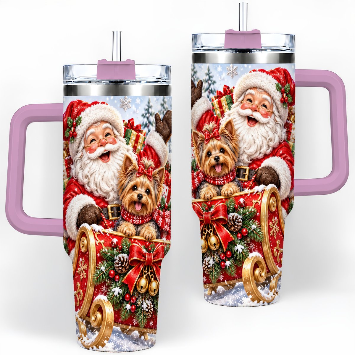 #pl[40oz|Pink] Santa and Christmas Yorkie Tumbler 40oz, Sleigh Scene