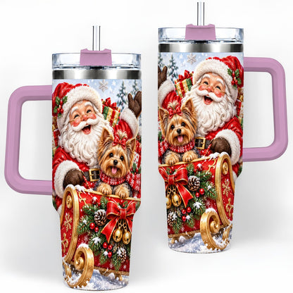 #pl[40oz|Pink] Santa and Christmas Yorkie Tumbler 40oz, Sleigh Scene
