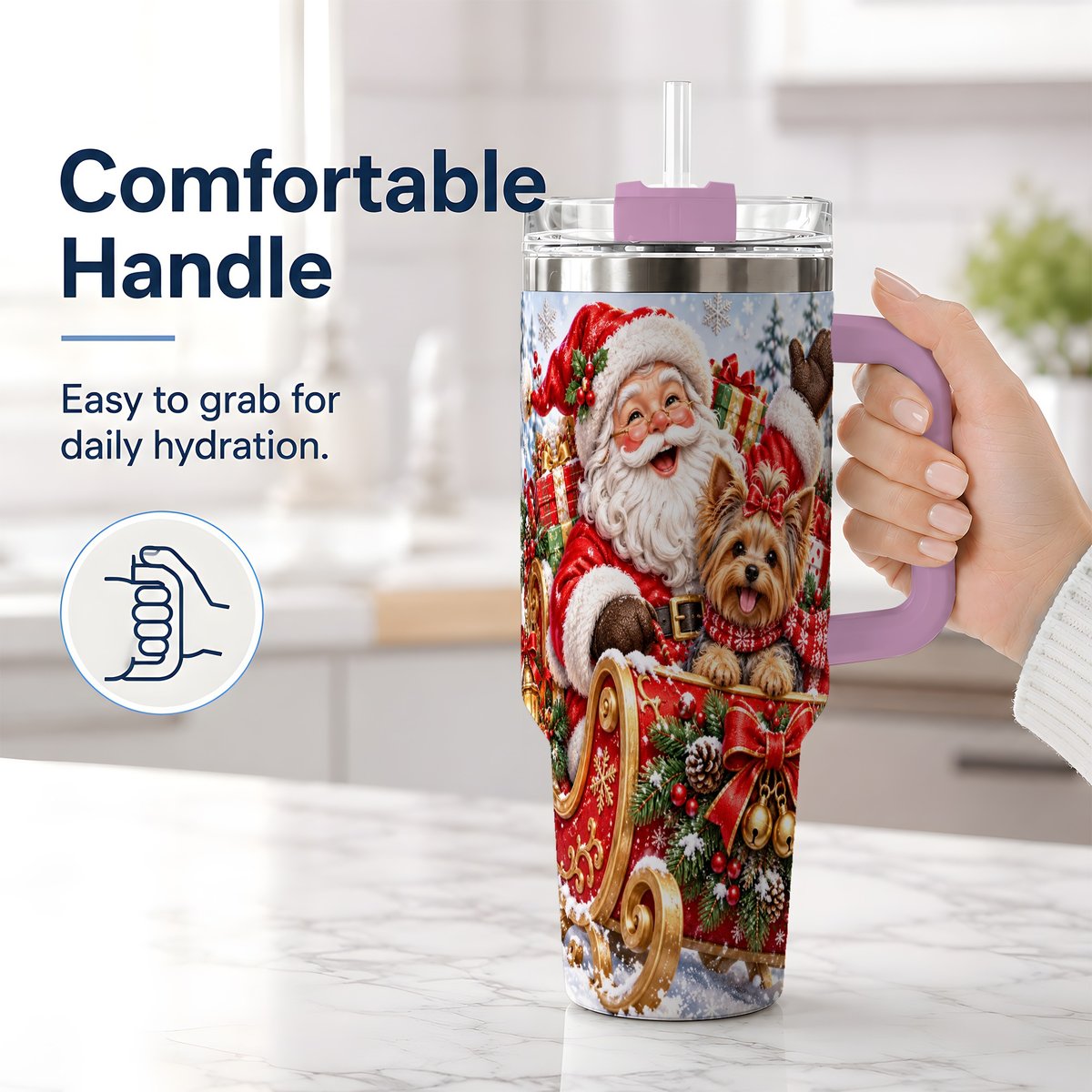 #pl[40oz|Pink] Santa and Christmas Yorkie Tumbler 40oz, Sleigh Scene
